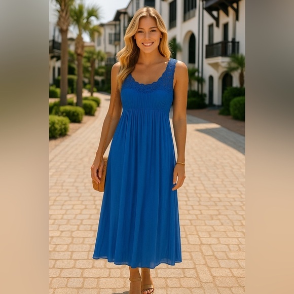 Flying Tomato Dresses & Skirts - Flying Tomato Blue Sleeveless Floral Eyelet Scoop Neck Maxi Dress   Size L